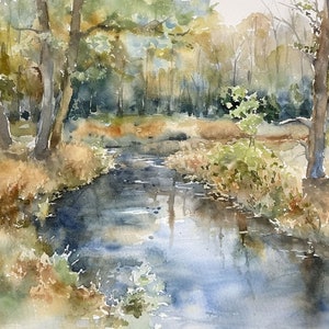 Spring Creek Malerei Wald Aquarell Kunstdruck Grüne Bäume Landschaft Wand Kunst Natur Neutral Druck Frühlings-Wand-Dekor