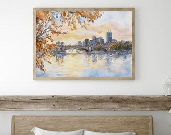チャールズ川の絵画 ボストンの街並み 水彩画 アートプリント ボストン