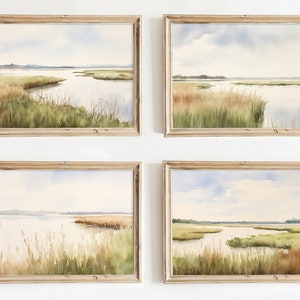 Marsh Painting Set Of 4 Prints Charleston Lowcountry Watercolor Landscape Wall Art Salt Marsh Artwork Green Beige Poster
