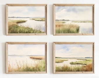 Marsh Painting Set Of 4 Prints Charleston Lowcountry Watercolor Landscape Wall Art Salt Marsh Artwork Green Beige Poster