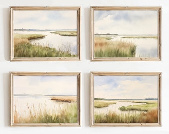 Marsh Painting Set de 4 impresiones Charleston Lowcountry Acuarela Paisaje Arte de la pared Salt Marsh Artwork Verde Beige Póster