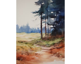 Pine Watercolor Landscape Neutral Calming Wall Art Kettle Moraine Forest Art Print Dark Misty Pines Art Fall Field Artwork