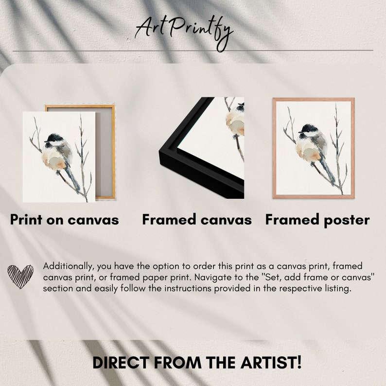 Peut inclure: Trois options d'impression diff&eacute;rentes pour une peinture &agrave; l'aquarelle d'un petit oiseau perch&eacute; sur une branche. L'oiseau est gris et blanc avec une t&ecirc;te noire. Les options sont l'impression sur toile, la toile encadr&eacute;e et l'affiche encadr&eacute;e.