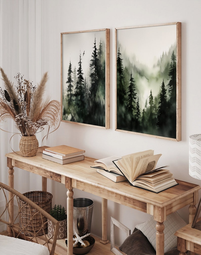 Mountain Forest Watercolor Set of 2 Prints Evergreen Trees Wall Art ...
