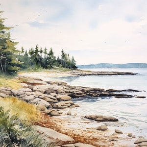 Dipinto di Deer Isle, Maine, stampa ad acquerello, arte murale sulla spiaggia, poster con paesaggio marino, stampa artistica di Barred Island, opera d'arte della foresta di pini costieri