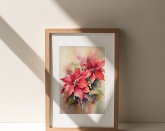 ポインセチアの絵画 クリスマスフラワー水彩画 花のアートプリント