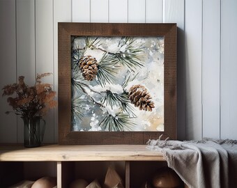 松ぼっくりの絵画、松の枝の水彩画、雪の松葉のプリント、常緑樹の壁