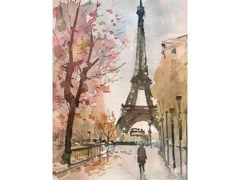 Puede incluir: Pintura acuarela de la Torre Eiffel en Par&iacute;s, Francia. La torre est&aacute; representada en negro sobre un fondo gris claro. Hay &aacute;rboles con hojas rosas y marrones a ambos lados de la torre. La pintura tiene un ambiente suave y rom&aacute;ntico.