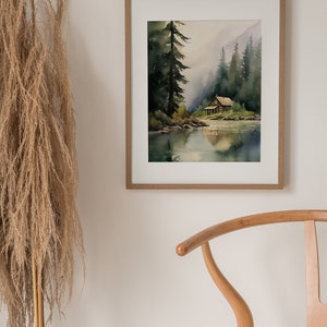 Forest Cabin Painting Tahoe Lake Art Print Mountain Forest Landscape Watercolor Painting Minimalist Wall Art image 4