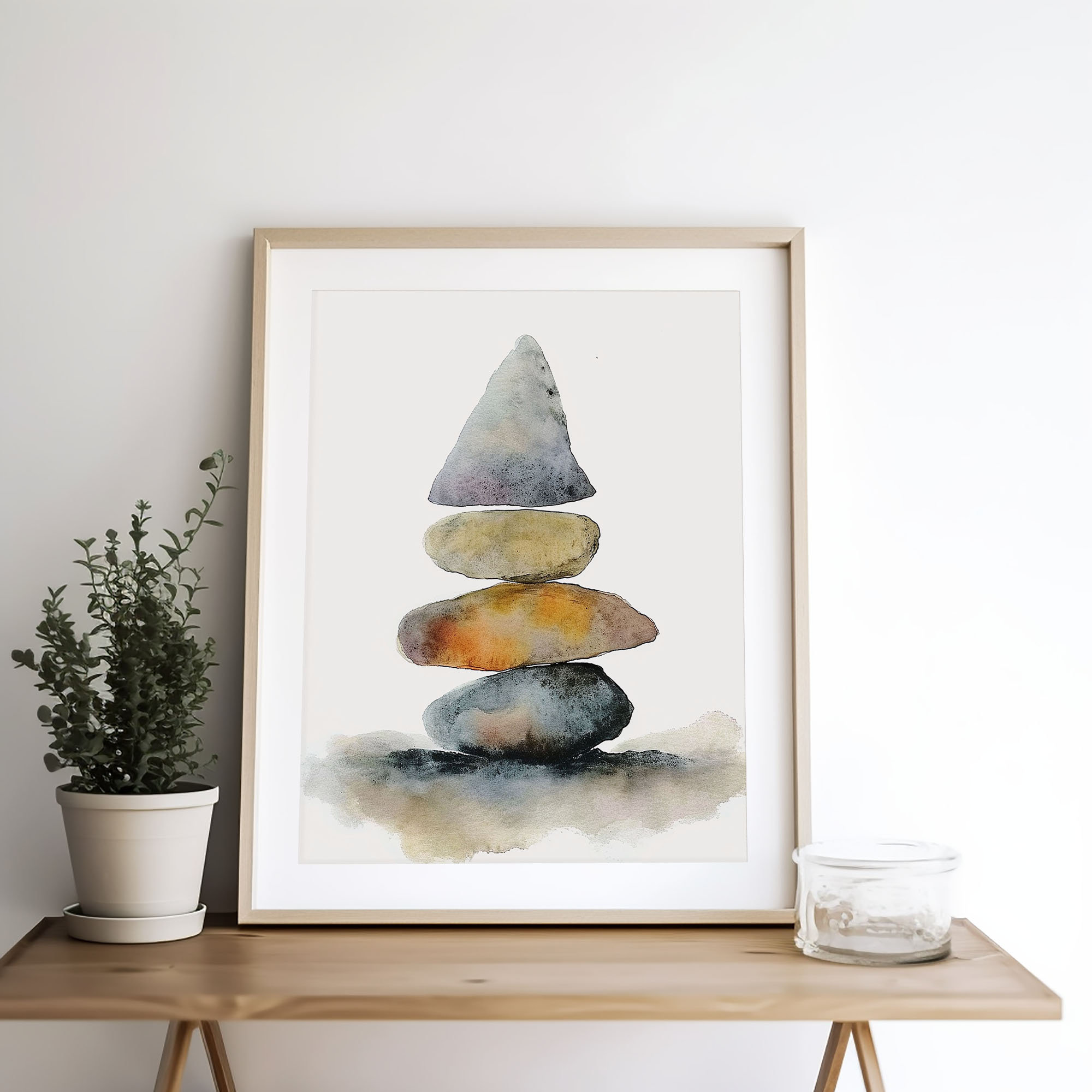 バランスのとれた石の絵画 積み重ねられた石 水彩画 アートプリント 禅