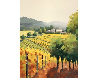 Napa Valley Painting Vineyard Watercolor Art Print Warm California Landscape Wall Art Farmhouse Poster