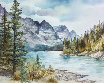 Impression du parc national des Glaciers, impression d'art aquarelle des montagnes Rocheuses, mur de la forêt de pins, affiche de la nature, oeuvre d'art
