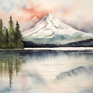Oregon pintura em aquarela trillium lago arte impressão montagem capa arte da parede panorâmica lago floresta paisagem grande natureza impressão