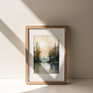 Sunrise Forest Lake Painting Neutral Brown Landscape Michigan Art Print ...