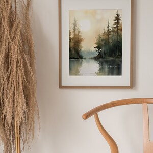 Sunrise Forest Lake Painting Neutral Brown Landscape Michigan Art Print ...