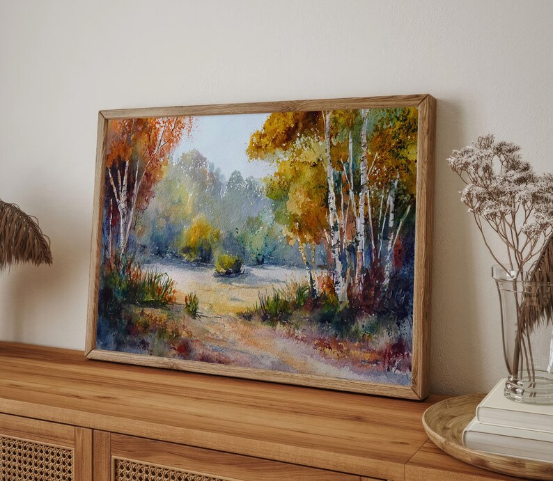 Autumn Birch Trees Watercolor Print on Paper Misty Fall Forest Wall Art ...