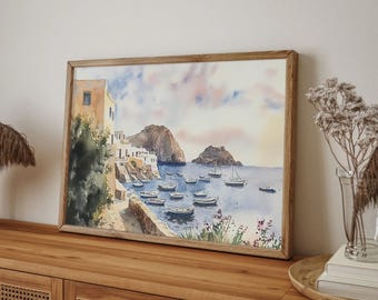 シチリア島の絵画 パナレア島の水彩画 アートプリント イタリア海岸の