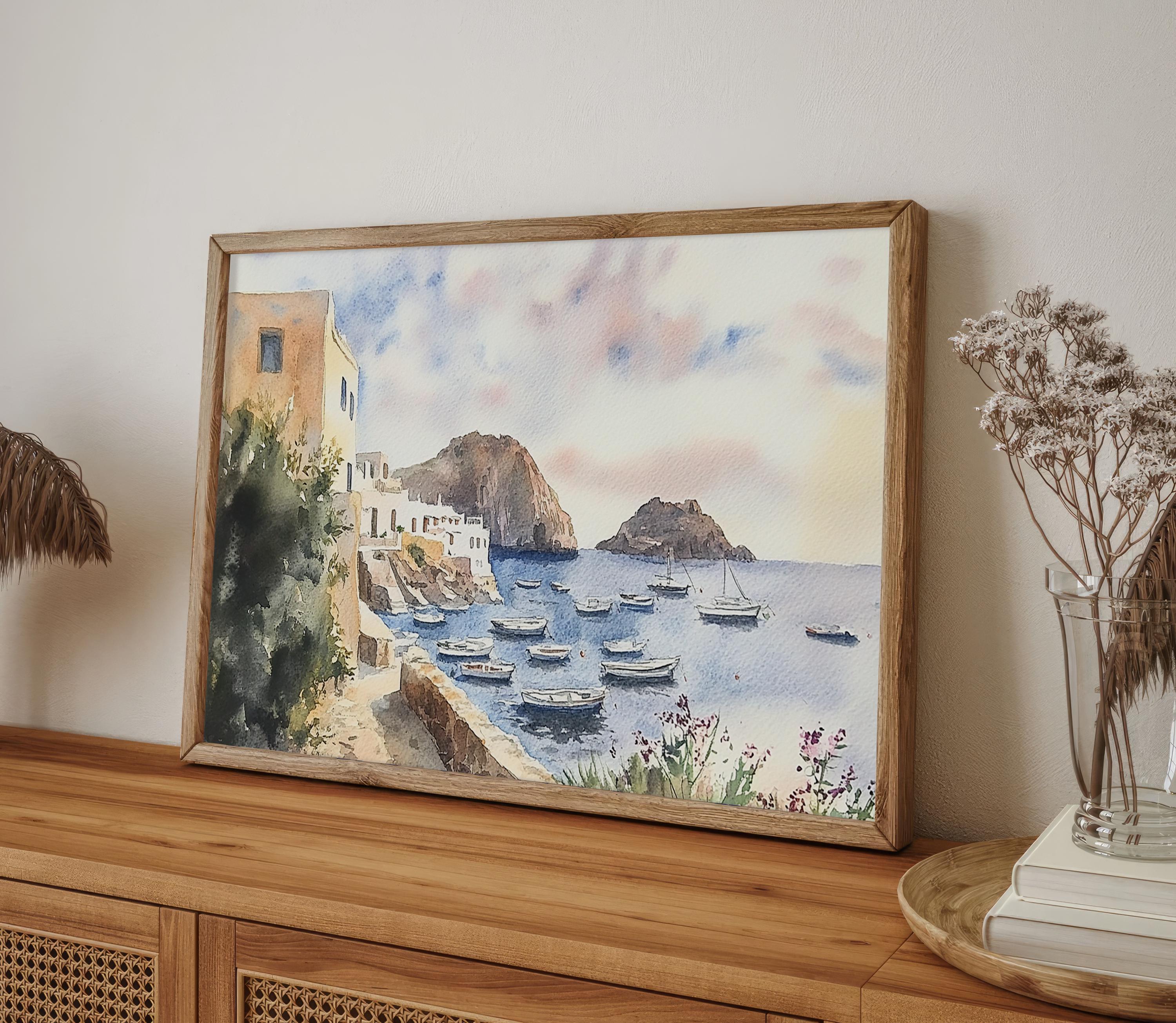 シチリア島の絵画 パナレア島の水彩画 アートプリント イタリア海岸の 