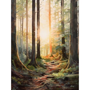 Bäume Malerei Letchwort Wall Art Sonnenaufgang im Wald Aquarell Kunstdruck Neutral Natur Poster Kabine Wanddekor
