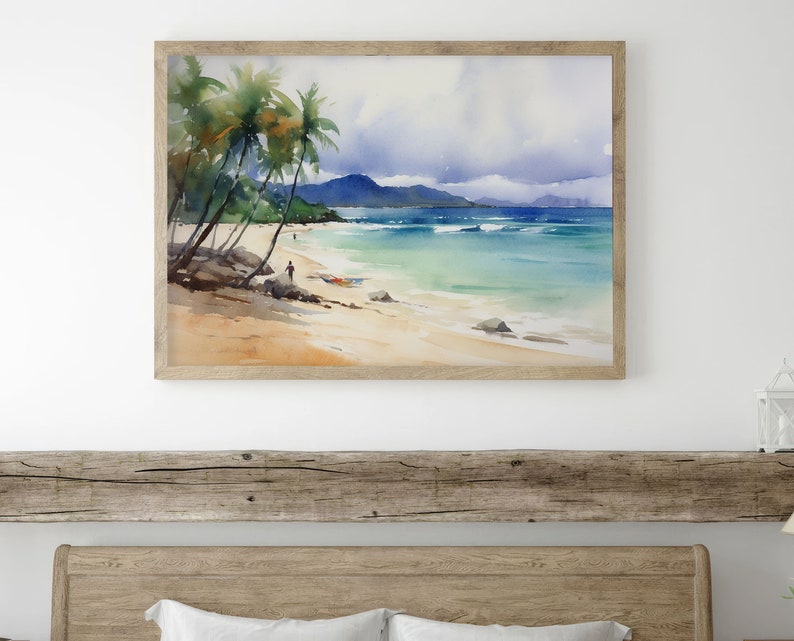 Peut inclure: Une peinture &agrave; l'aquarelle repr&eacute;sentant une sc&egrave;ne de plage tropicale avec des palmiers, un rivage sablonneux et une eau turquoise. La peinture est encadr&eacute;e dans un cadre en bois clair.