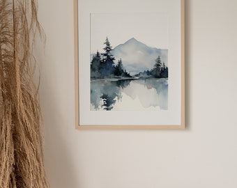 レッドフィッシュ湖の水彩画アートプリント山と湖の壁アート大きな