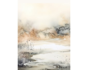 Neutral Beige Abstract Landscape Painting Watercolor Art Print Misty Marsh Minimalist Wall Art Japandi Organic Modern Living Room Decor