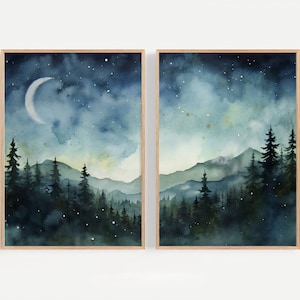 Milky Way Painting Set of 2 Night Sky Watercolor Prints Galaxy Wall Art Forest Landscape Blue Indigo Moon Stars Art Print