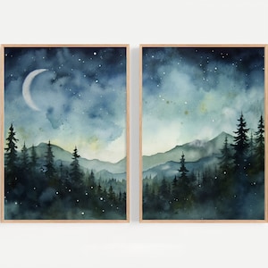 Starry Night Sky Prints Set of 2 Large Watercolor Night Mountain Forest Landscape Blue Indigo Milky Way Galaxy Art