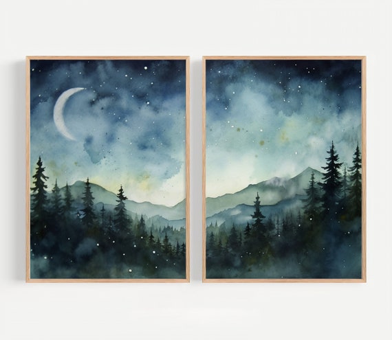 天の川の絵画 2枚セット 夜空 水彩画 プリント 銀河 壁アート 森の風景