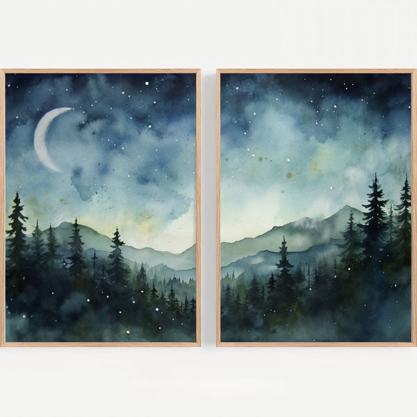 Set di stampe del cielo notturno stellato di 2 grandi paesaggi della foresta di montagna di notte dell'acquerello Blue Indigo Milky Way Galaxy Art