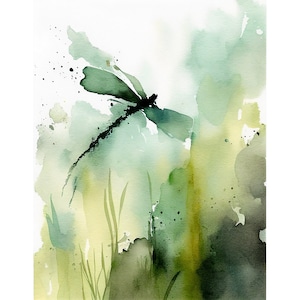 Dragonfly Watercolor Meadow Painting Wildflowers Art Print Abstract Spring Green Wall Art Botanical Poster Insect Print