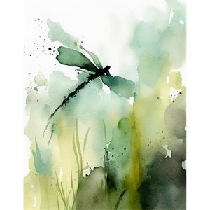トンボの水彩画の草原の絵画、野生の花のアートプリント、抽象的な春の緑の壁アート、植物のポスター、昆虫のプリント