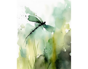 Dragonfly Watercolor Meadow Painting Wildflowers Art Print Abstract Spring Green Wall Art Botanical Poster Insect Print