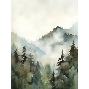 Misty Forest Kunstdruck Montana Pine Forest Aquarell Neutral Großes Wandbild Rocky Mountains Poster