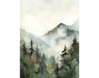 Stampa artistica della foresta nebbiosa, Montana Pine Forest, acquerello neutro, grande arte murale, poster delle Montagne Rocciose