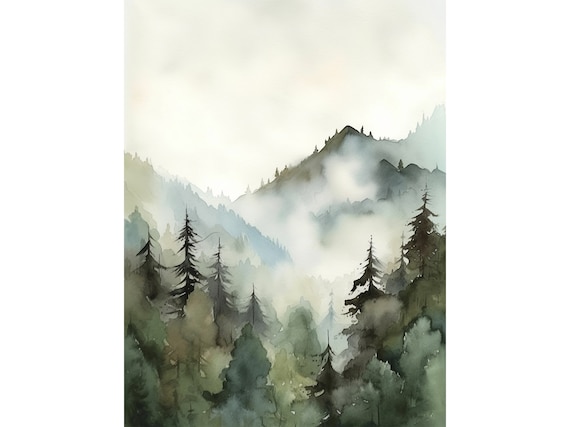 Misty Forest Art Print Montana Pine Forest Watercolor Neutral Large Wall Art Rocky Mountains Poster