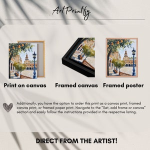 May include: Three different framing options for a watercolour painting of a Spanish street scene. The painting features a street with buildings, trees, and a lamppost. The first option is a print on canvas, the second is a framed canvas, and the third is a framed poster. The text "Art Printfy" appears at the top of the image. The text "Direct from the Artist!" appears at the bottom of the image.