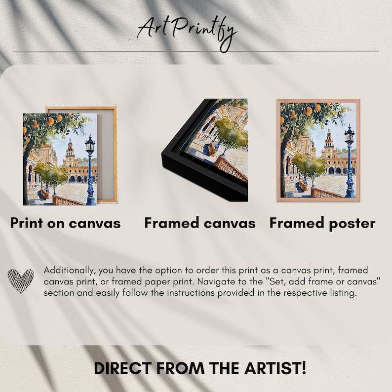May include: Three different framing options for a watercolour painting of a Spanish street scene. The painting features a street with buildings, trees, and a lamppost. The first option is a print on canvas, the second is a framed canvas, and the third is a framed poster. The text "Art Printfy" appears at the top of the image. The text "Direct from the Artist!" appears at the bottom of the image.
