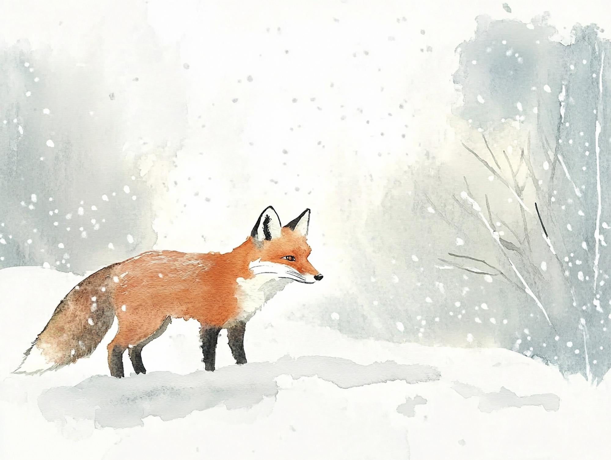 キツネの絵画 雪の森 水彩画 アートプリント 冬の動物 ウォールアート
