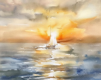 帆船アートプリント 水彩画 夕焼け ウォールアート サンディエゴ