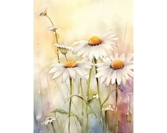 Daisy Watercolor Painting Large Floral Art Print Daisies Wall Art Wildflower Landscape Watercolor Meadow Artwork