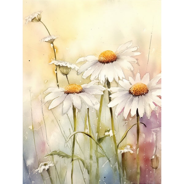 Daisy Watercolor Painting Large Floral Art Print Daisies Wall Art Wildflower Landscape Watercolor Meadow Artwork