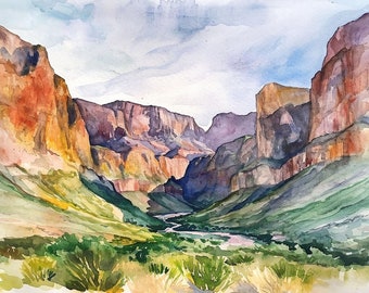 Big Bend Painting National Park Watercolor Art Print Rio Grande Wall Art Texas Landscape Prints Mountains Artwork