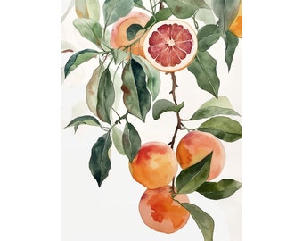 Grapefruit Art Print Grapefruit Tree Watercolor Painting Fruit Poster Kitchen Wall Art Citrus Artwork Orange Tree Wall Decor