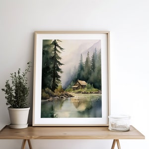Forest Cabin Painting Tahoe Lake Art Print Mountain Forest Landscape Watercolor Painting Minimalist Wall Art image 2