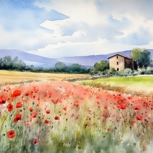 トスカーナの絵画 ポピー畑 水彩画 農場の風景 イタリア ウォールアート 山の畑のプリント
