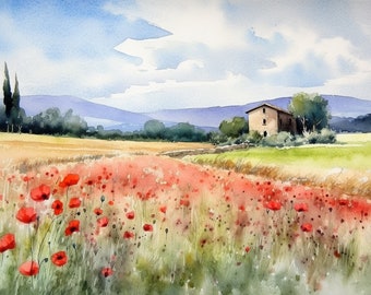 Tuscany Painting Poppy Field Watercolor Painting Farm Landscape Italy Wall Art Mountain Field Prints