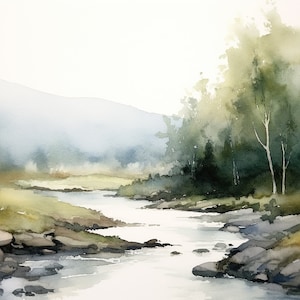 May include: A watercolor painting of a river flowing through a forest. The river is surrounded by rocks and the forest is filled with trees. The sky is a light blue and the water is a light blue.