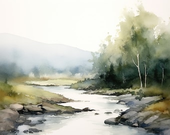 Snake River Painting Idaho Landscape Art Print Forest River Watercolor Art Green Trees Wall Art Nature Wall Decor