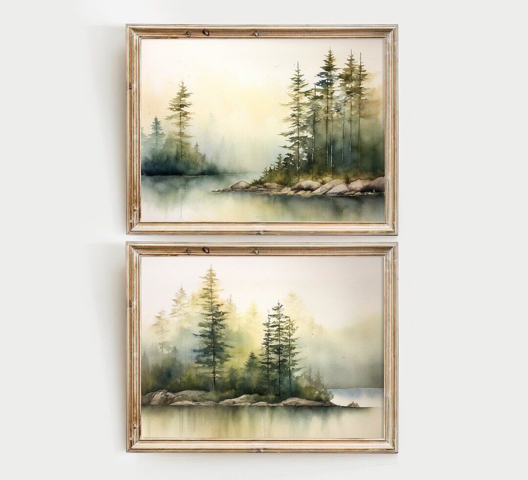 Lake of the Woods Painting Set of 2 Prints Pine Forest Watercolor ...